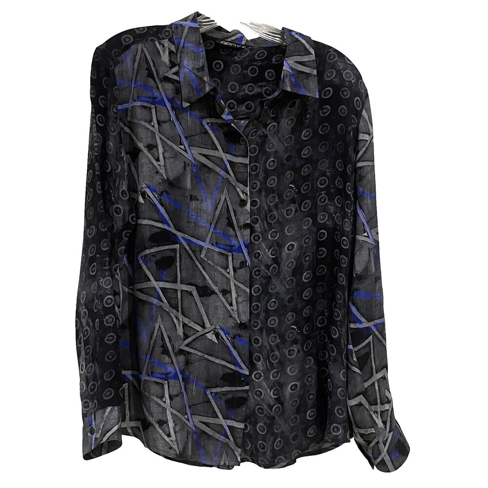 APNY Split Design Geo Print Lightweight Cupro Button Up Long Sleeve Blouse Sz M